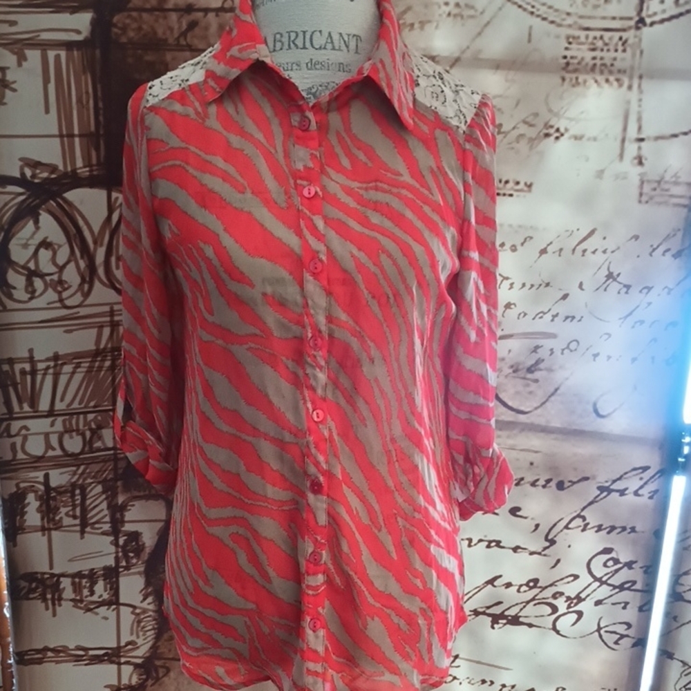 A. Byer Coral and Gray Zebra Print Blouse - Picture 1 of 5